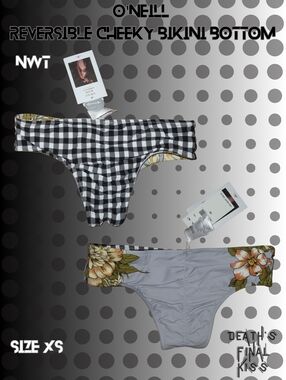 O'Neill Black White Gingham Check Grey Floral Reversible Cheeky Bikini Bottom XS